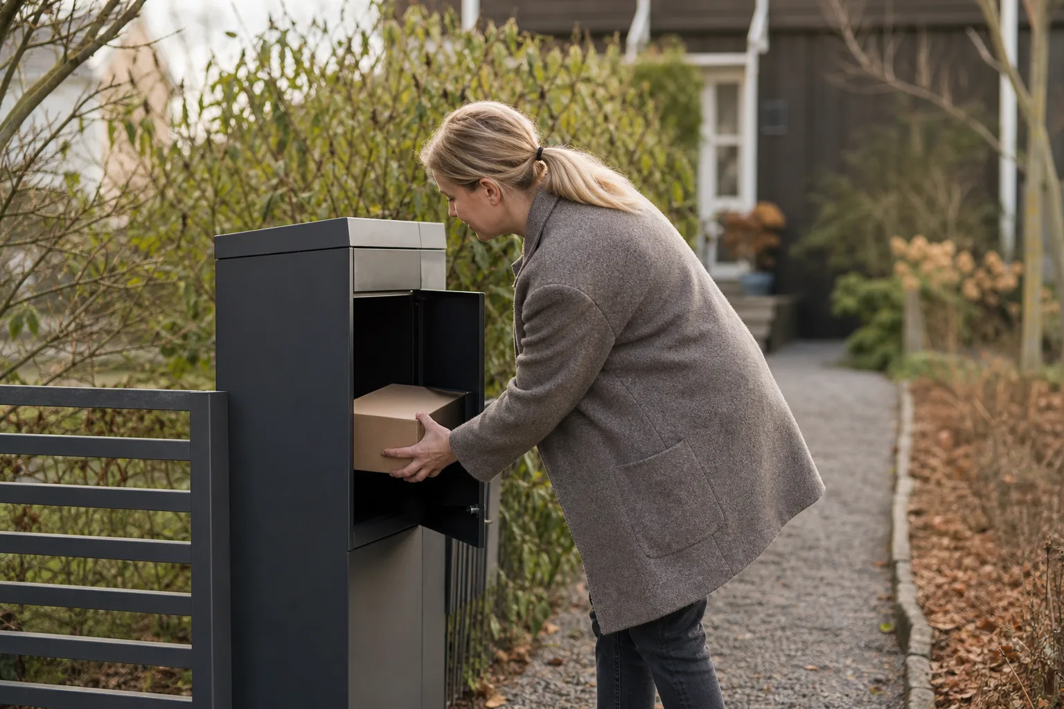 Person som håller ett måttband mellan två olika paketpostlådor på en uppfart
