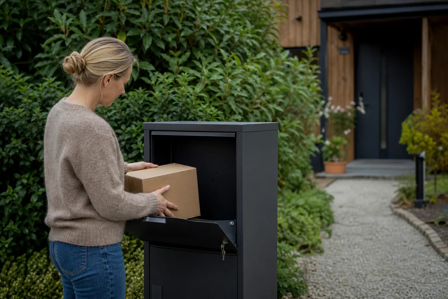 Svensktillverkad paketpostlåda i mörkgrå plåt monterad vid en villauppfart