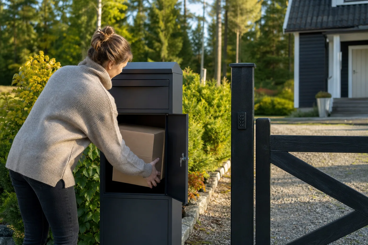 Paketpostlåda på ben med gjuten sockel vid en grusad villauppfart