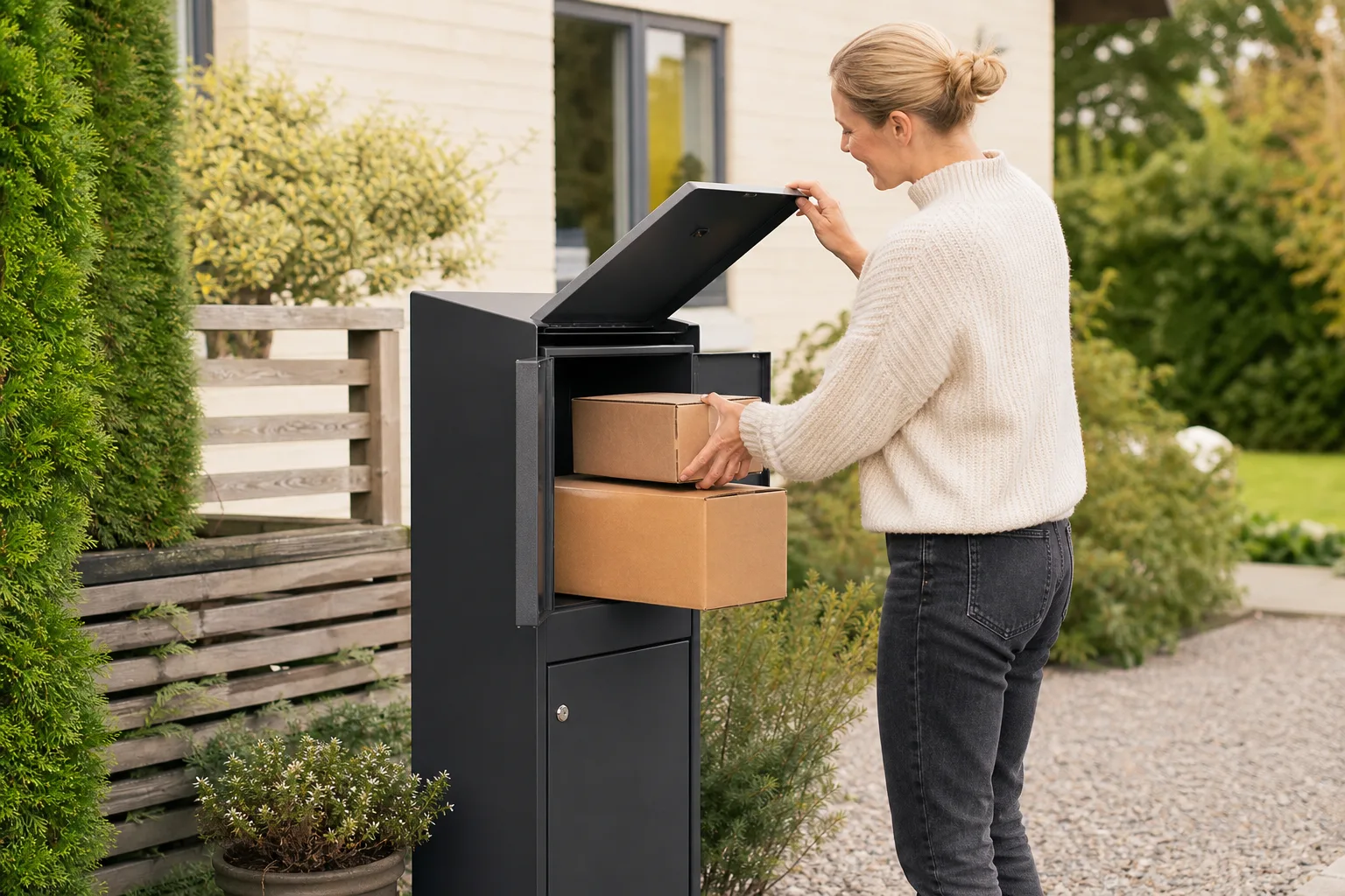 En stor och en mindre paketpostlåda i grått stål uppställda bredvid varandra på en gräsmatta