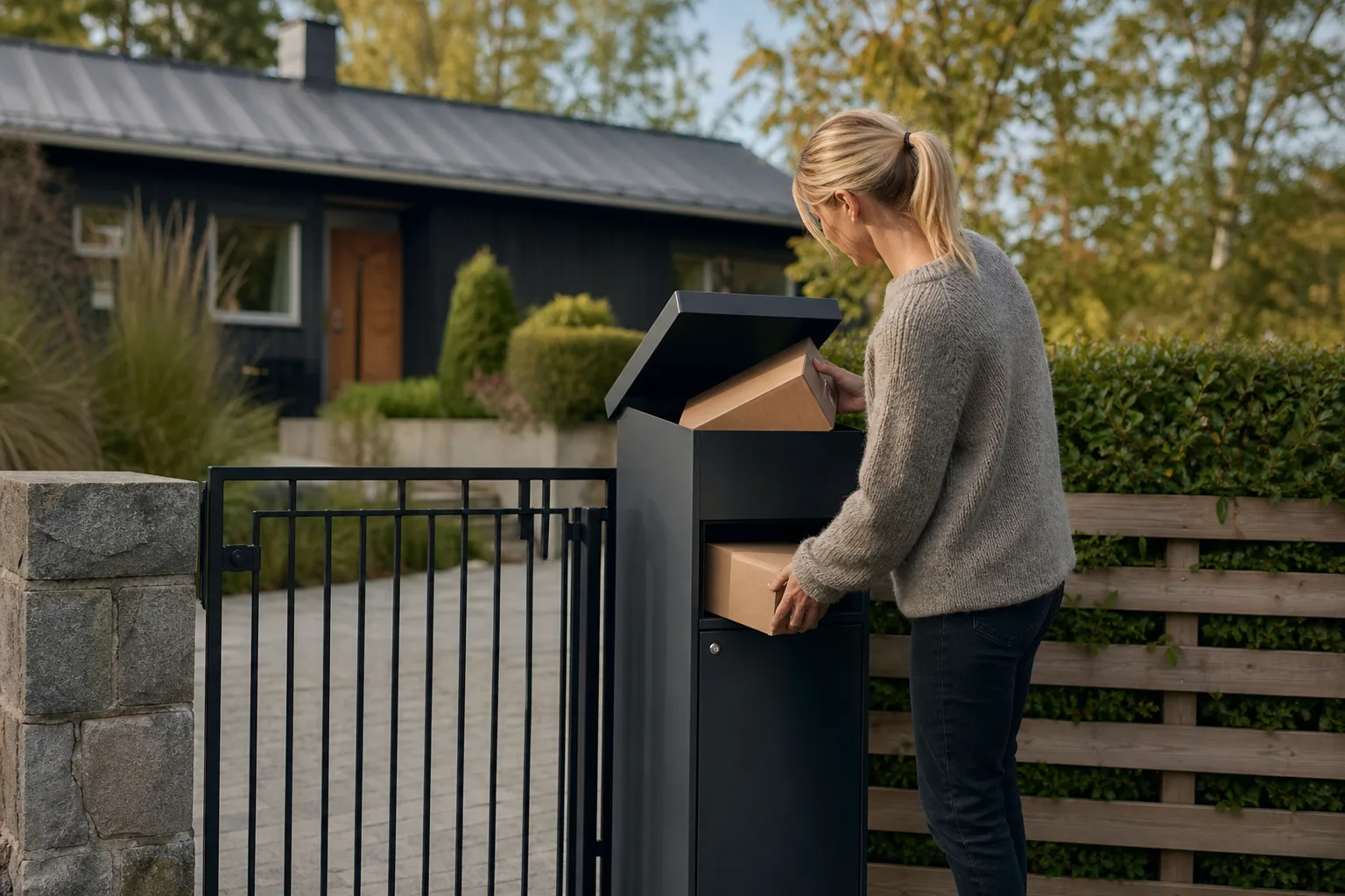Person som jämför två paketpostlådor i en svensk bygghandel, en i antracit och en i grått