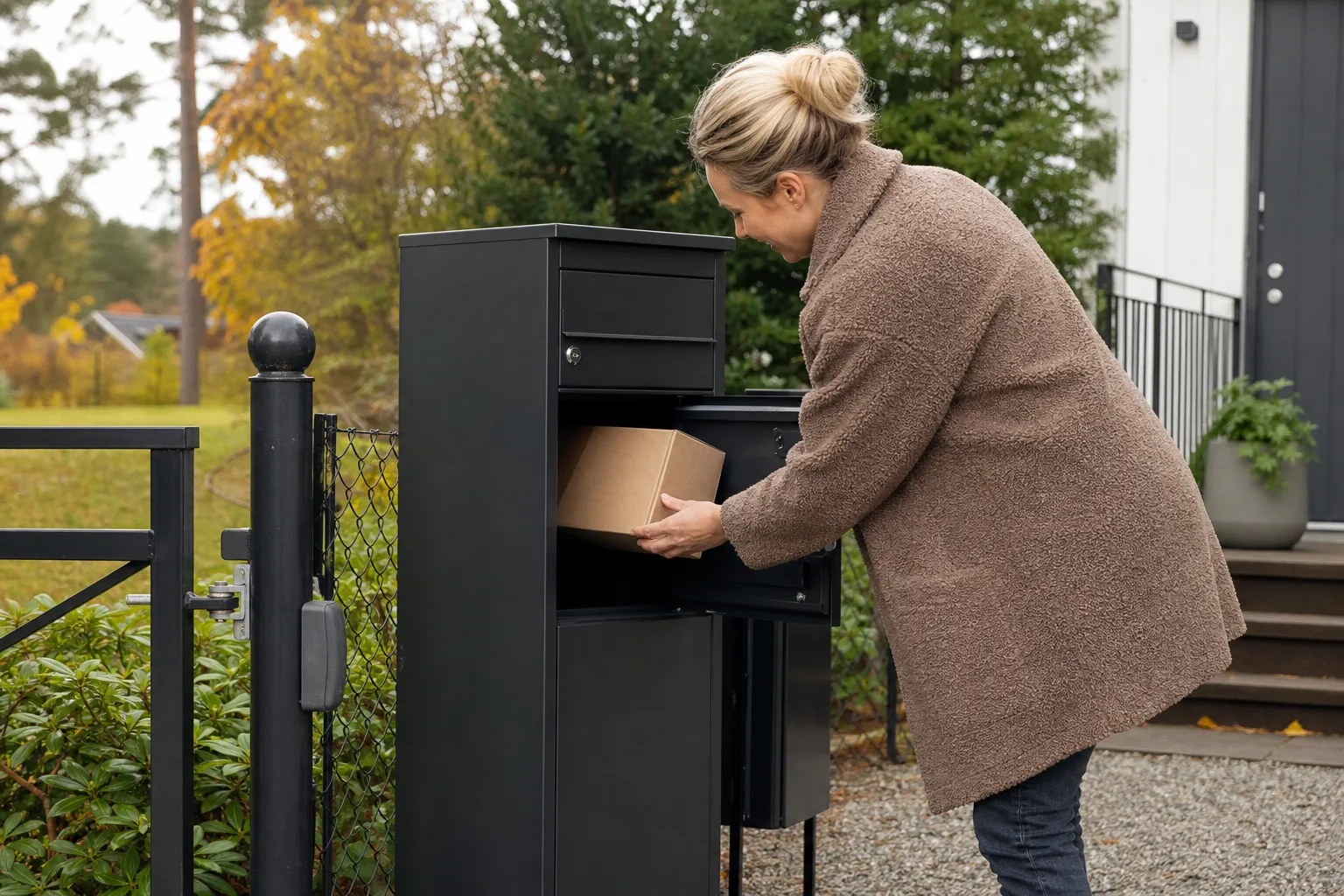 Person mäter ett paket med måttband bredvid en paketpostlåda utomhus
