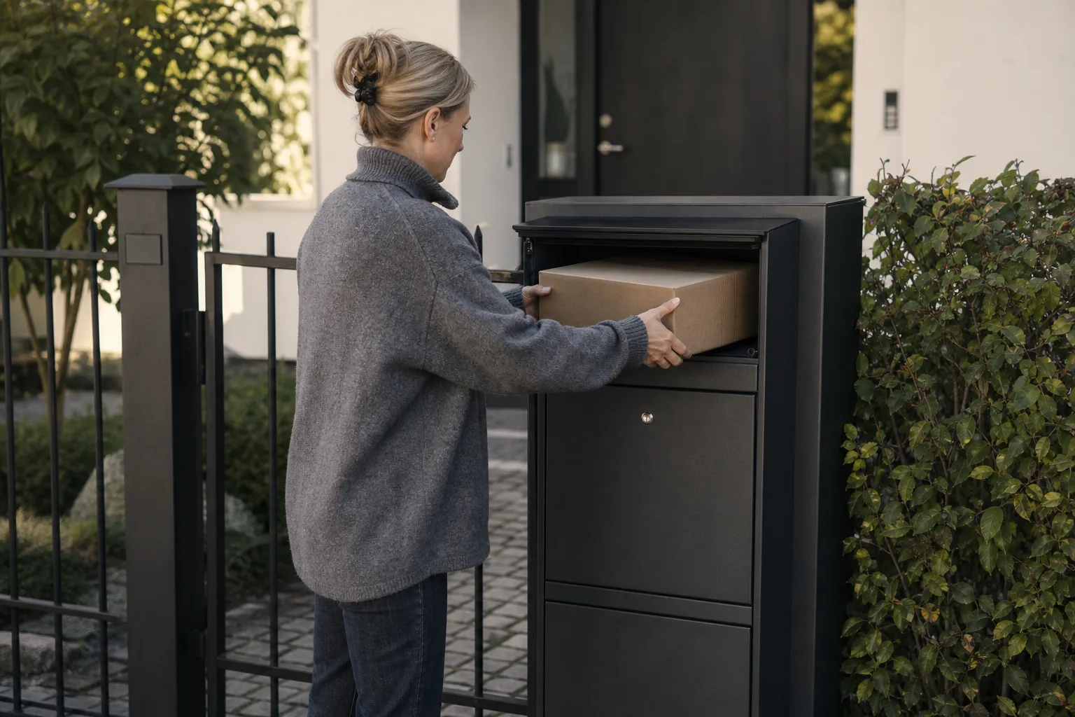 Paketpostlåda vid en villaentré en tidig morgon