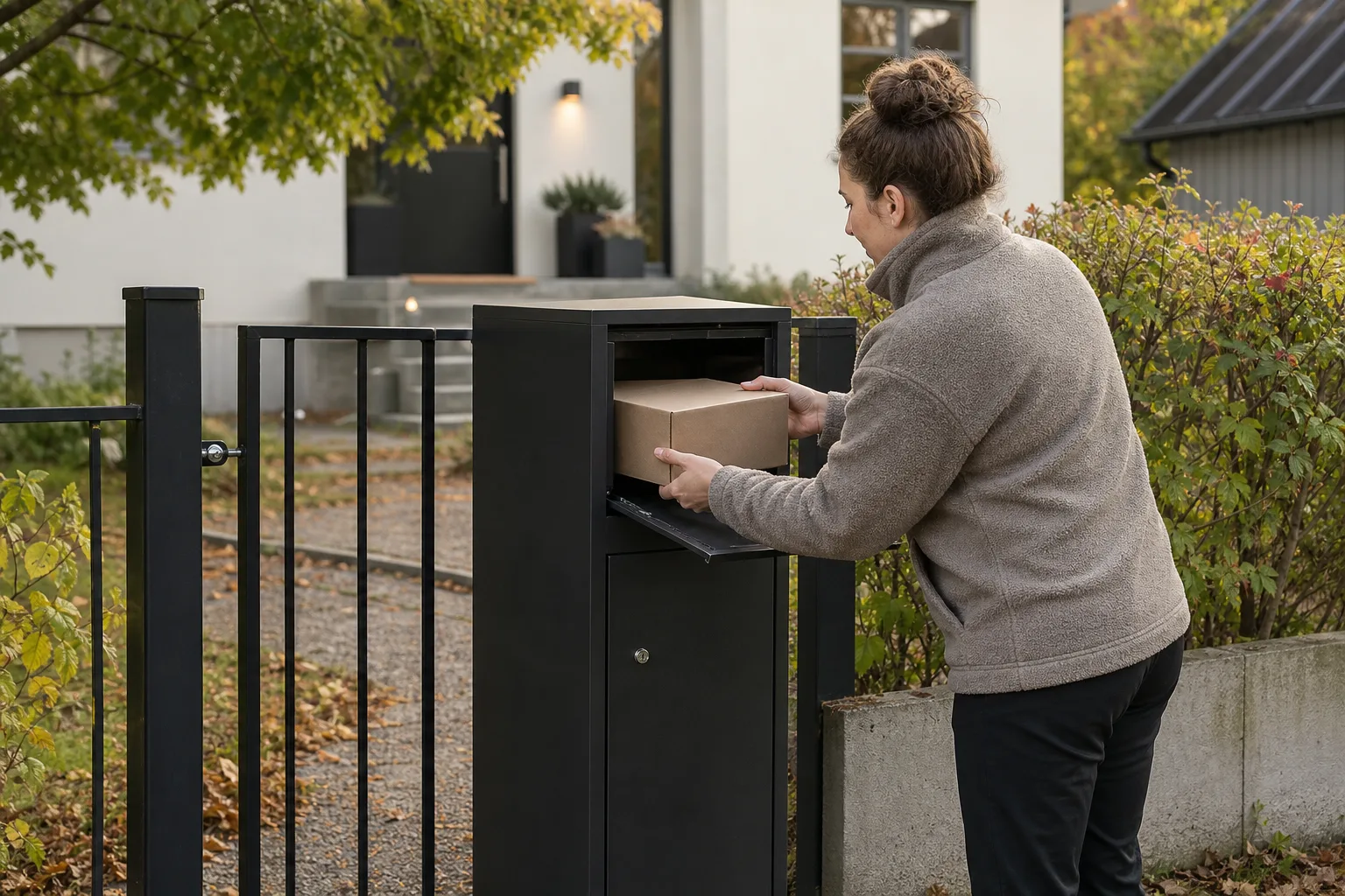 Rymlig låsbar paketpostlåda på en svensk uppfart med flera paket synliga innanför en öppen lucka