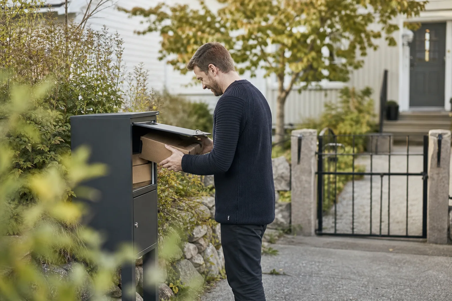 Budbil vid en svensk villa med föraren som håller ett paket framför en paketpostlådas öppning