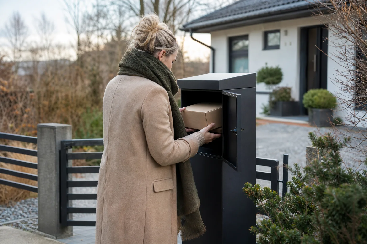 Låsbar paketpostlåda vid en tom svensk villauppfart en vardagseftermiddag, ingen person i bild