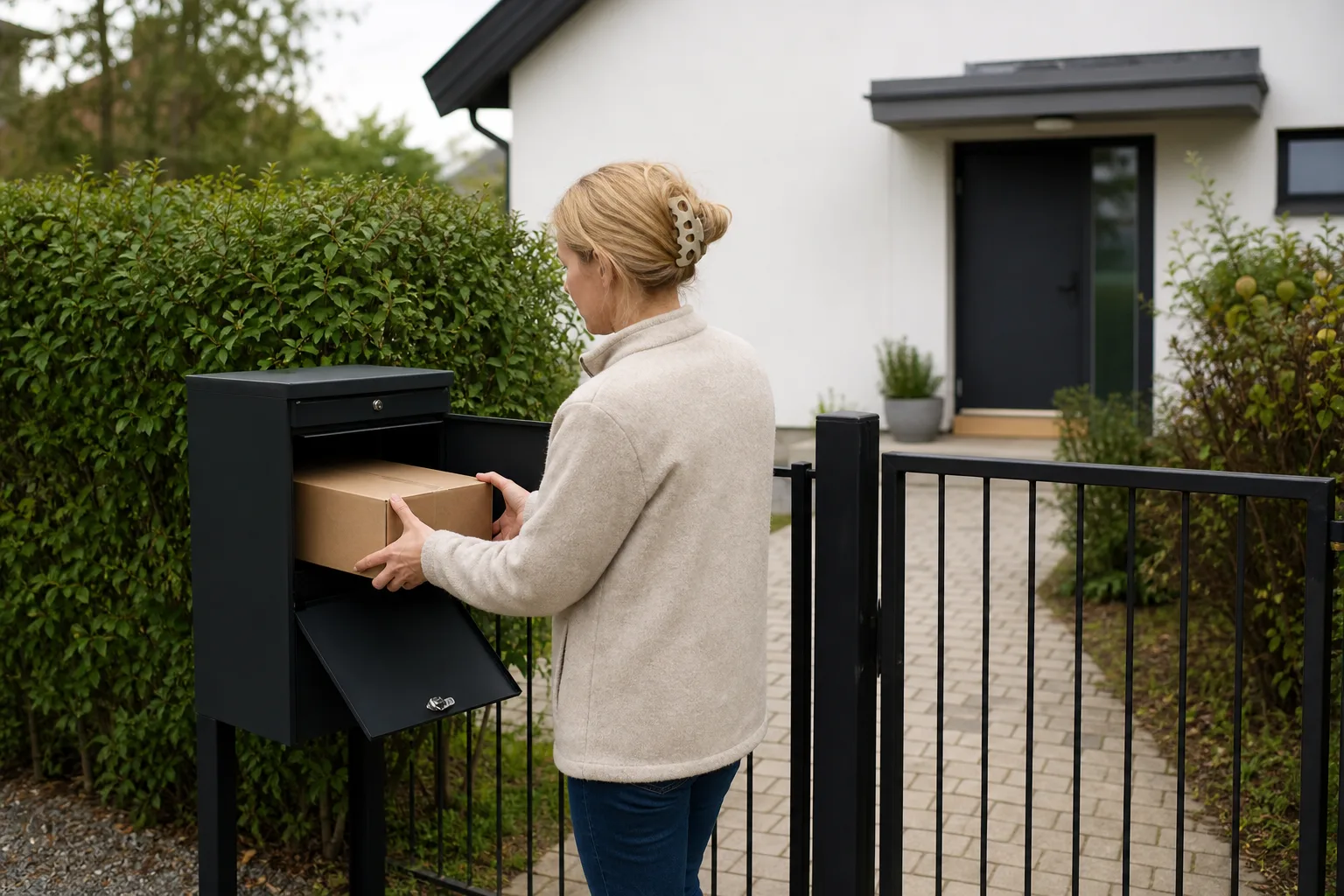 Budbil vid en svensk villauppfart med förare som lämnar ett paket i en låsbar paketpostlåda vid grinden