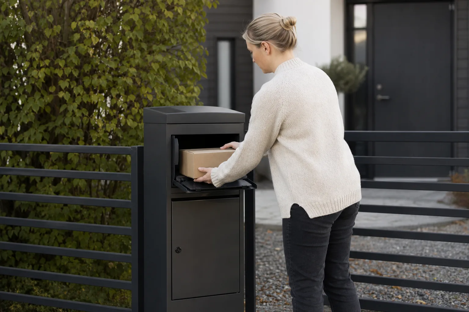 Närbild på en tydlig namnskylt och husnummer monterat på en paketpostlåda vid en svensk uppfart