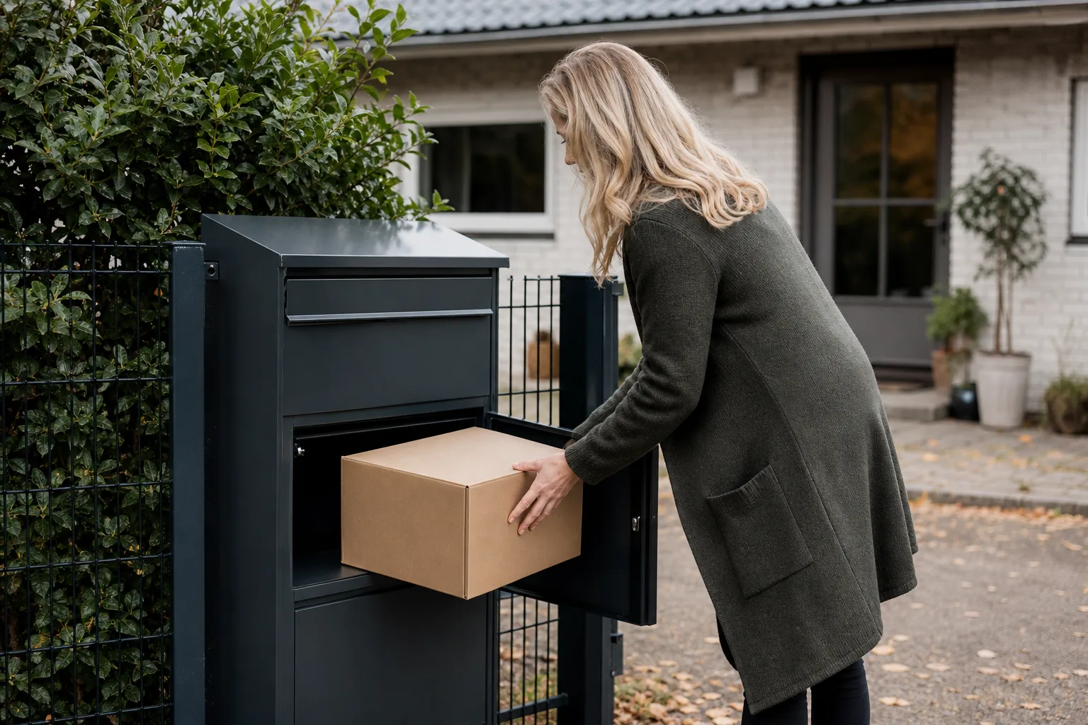 Postbud som går längs en svensk villagata mot en paketpostlåda placerad i normal räckhöjd vid grinden