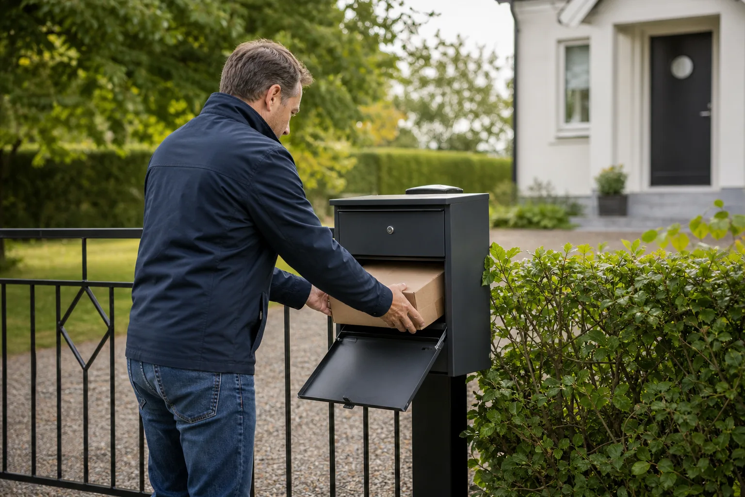 Hopnått returpaket som ställs in i en låsbar paketpostlåda utanför ett svenskt hus