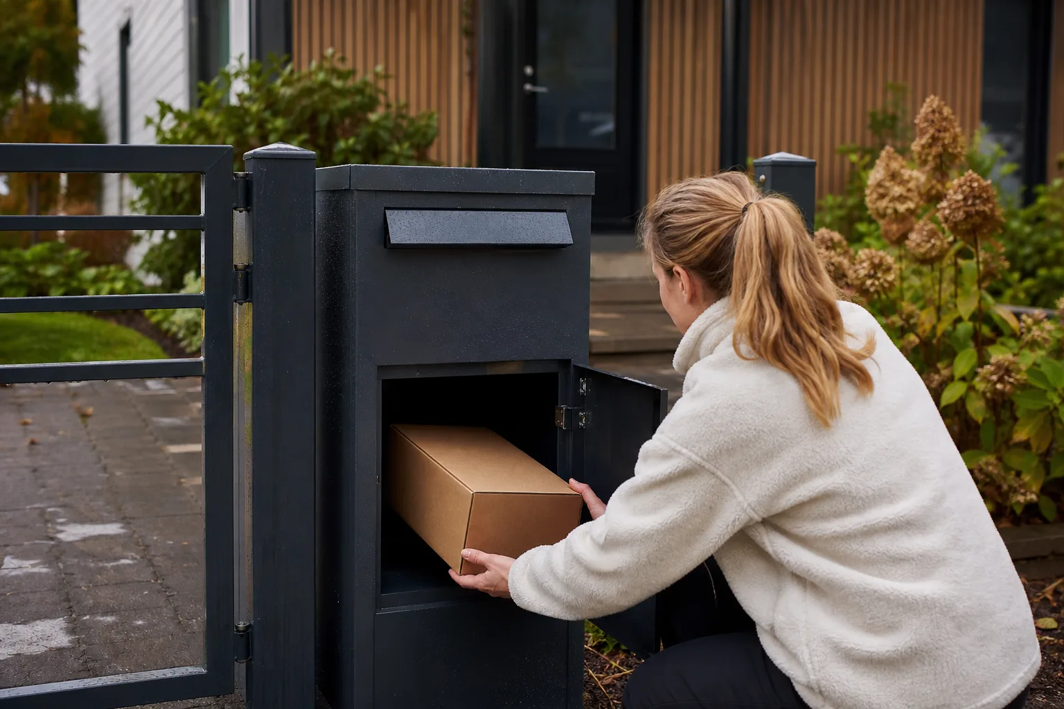 Regndroppar rinner längs en paketpostlådas lucka och öppning på en svensk fasad