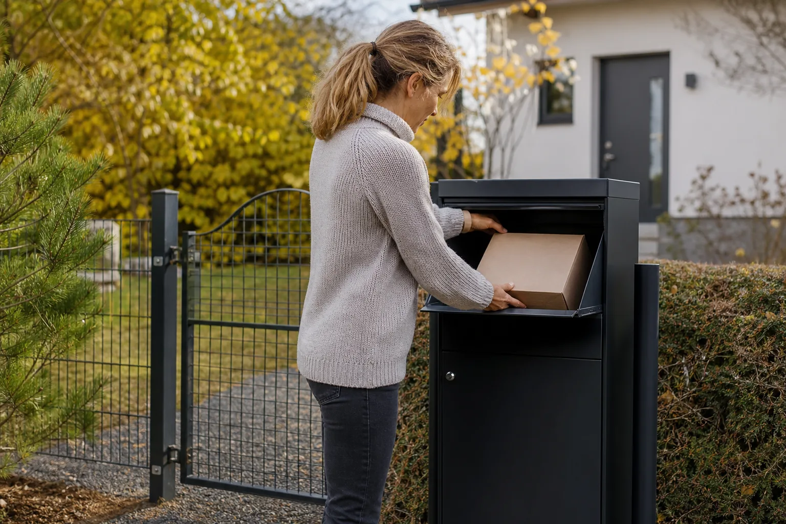 Närbild på en skarv och ett gångjärn på en pulverlackerad paketpostlåda i plåt