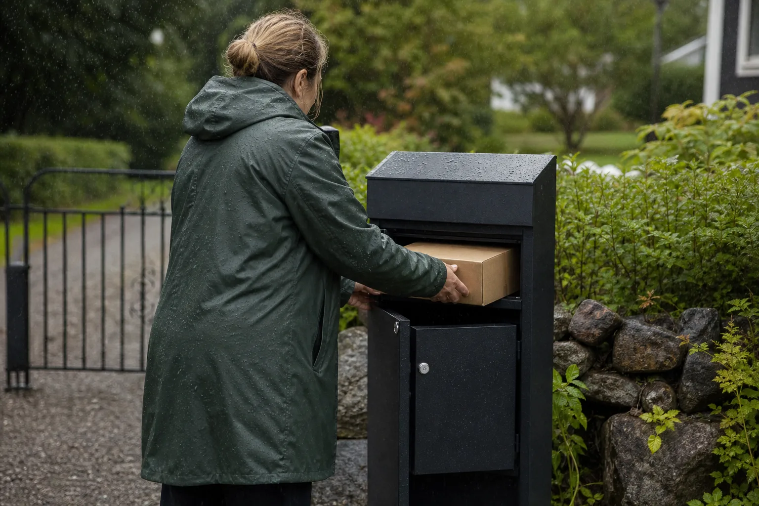 Paketpostlåda i plåt vid en svensk villa en regnig höstdag med vått löv på marken