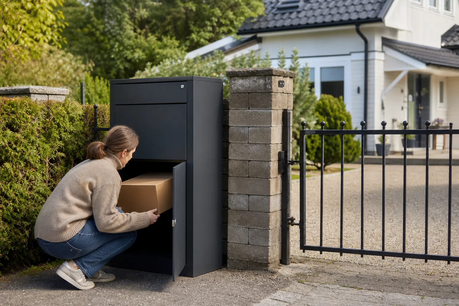 Paketpostlåda i plåt täckt av ett tunt lager snö utanför en svensk villa på vintern