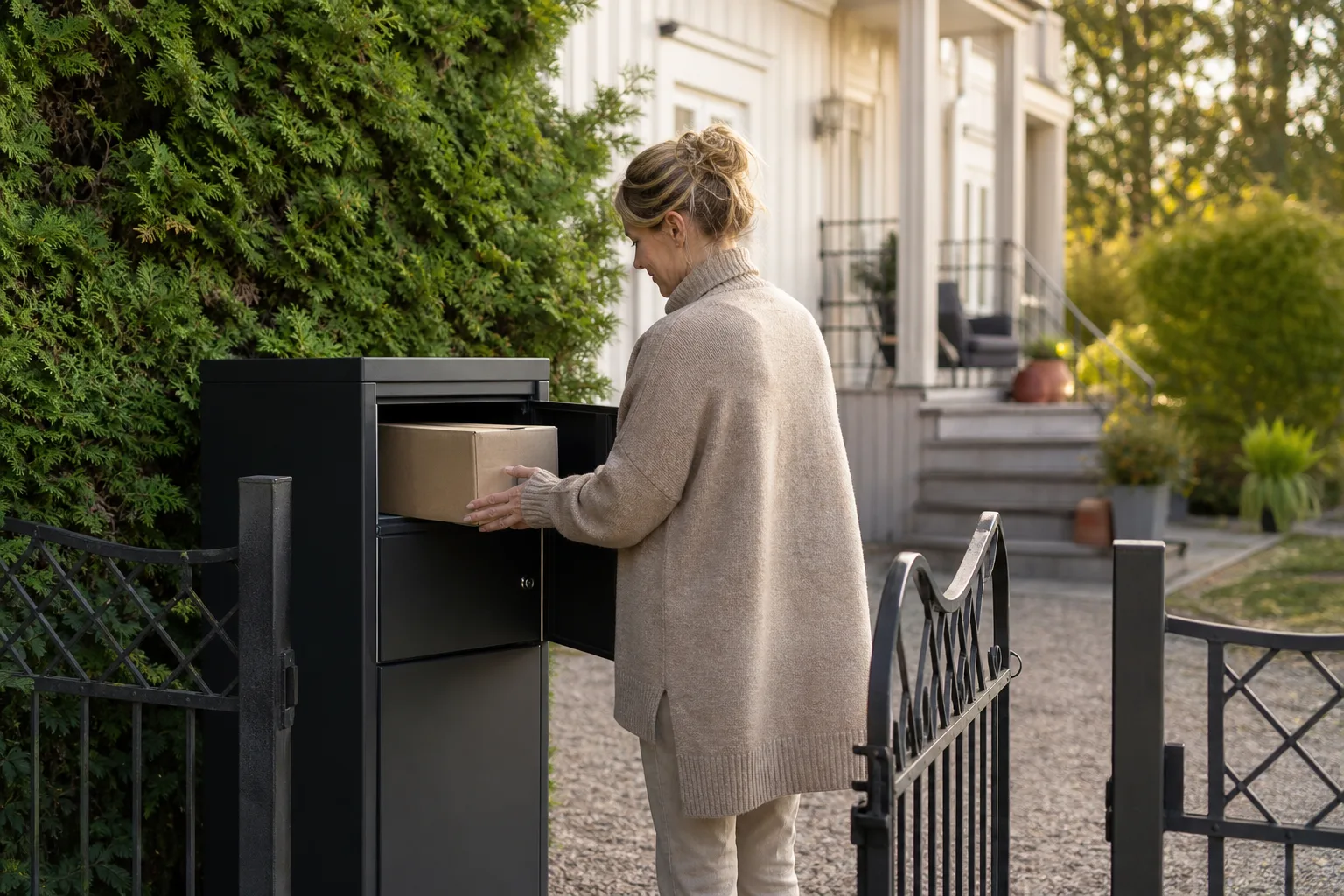 Post, ett litet paket och en returkartong ligger tillsammans i en öppnad paketpostlåda