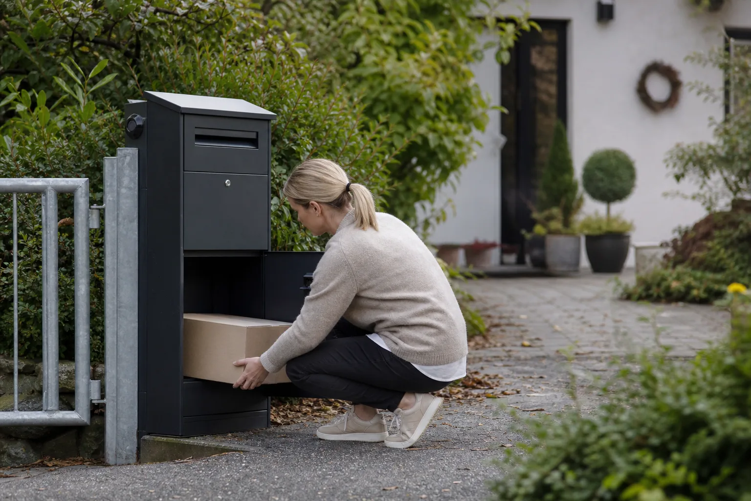 Ett platt paket skjuts in genom den låga luckan på en fristående paketlåda utanför ett svenskt hus
