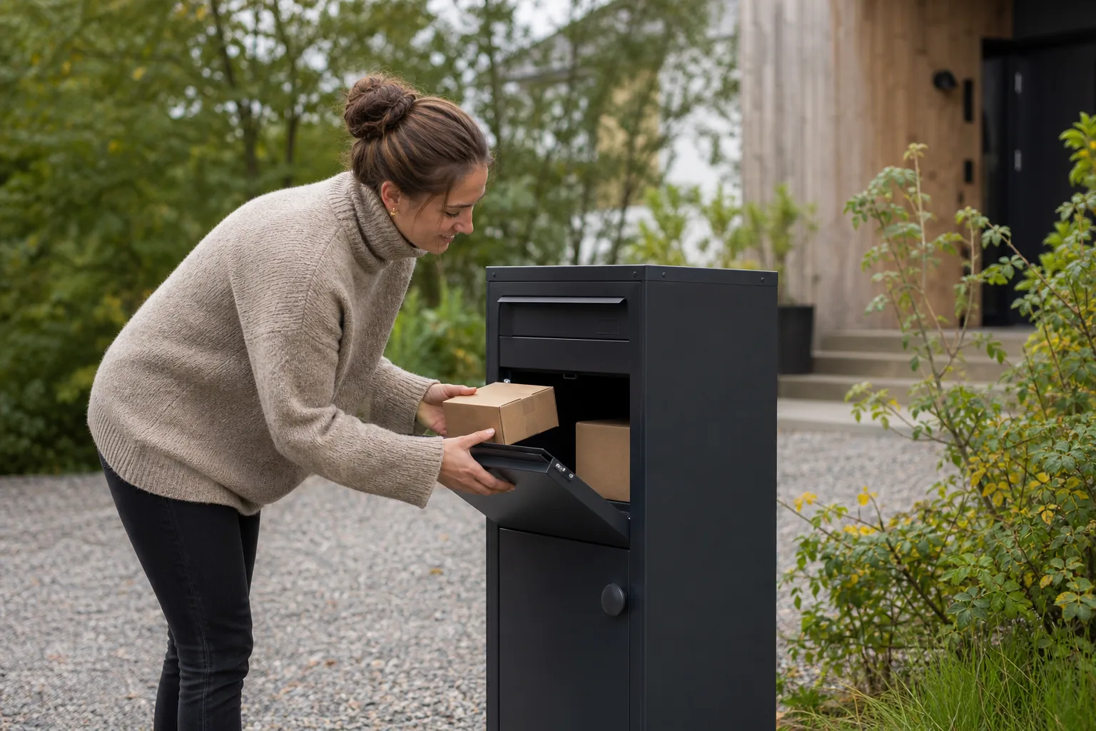 Ett paket lyfts ur det invändiga utrymmet i en öppnad paketpostlåda på en svensk uppfart