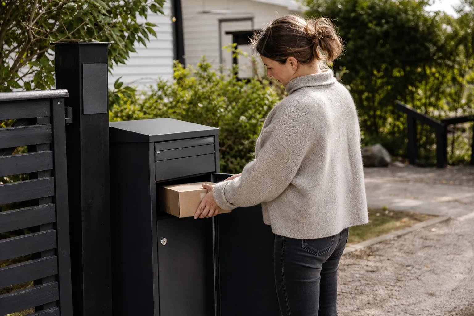 En person mäter upp platsen vid en grind med tumstock inför köp av paketlåda