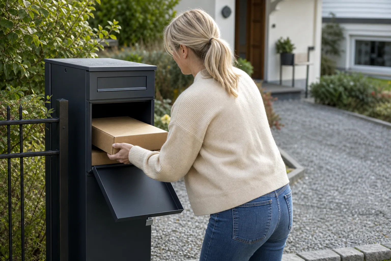 Två olika paketpostlådor sida vid sida utanför ett svenskt hus, en med hög lucka och en med bred fristående kropp