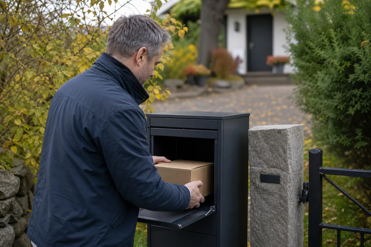 Närbild på en hand som mäter bredden på en paketpostlådas öppning med ett måttband