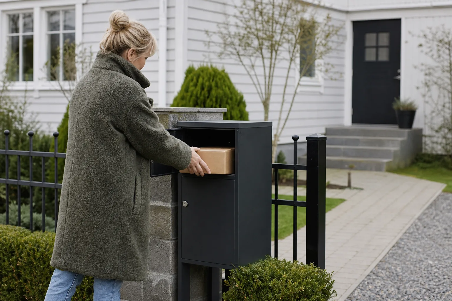 Flera olika kartonger i varierande storlek uppradade framför en paketpostlåda på en svensk uppfart