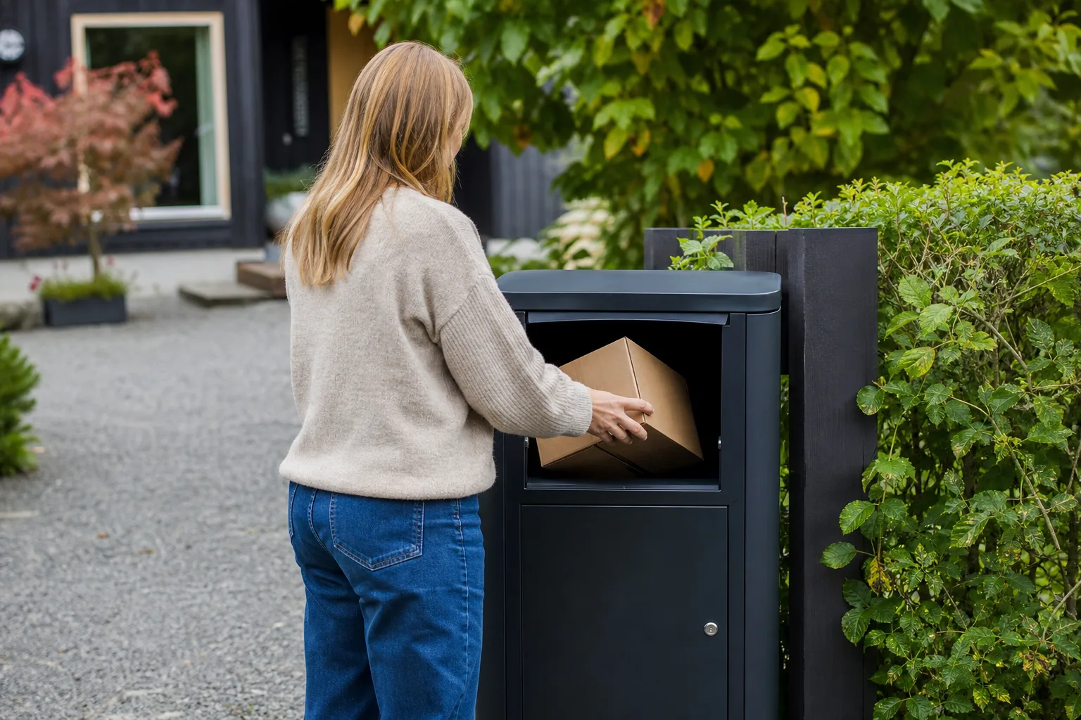 En kartong hålls upp bredvid en paketpostlådas öppning för att jämföra storleken innan den skjuts in