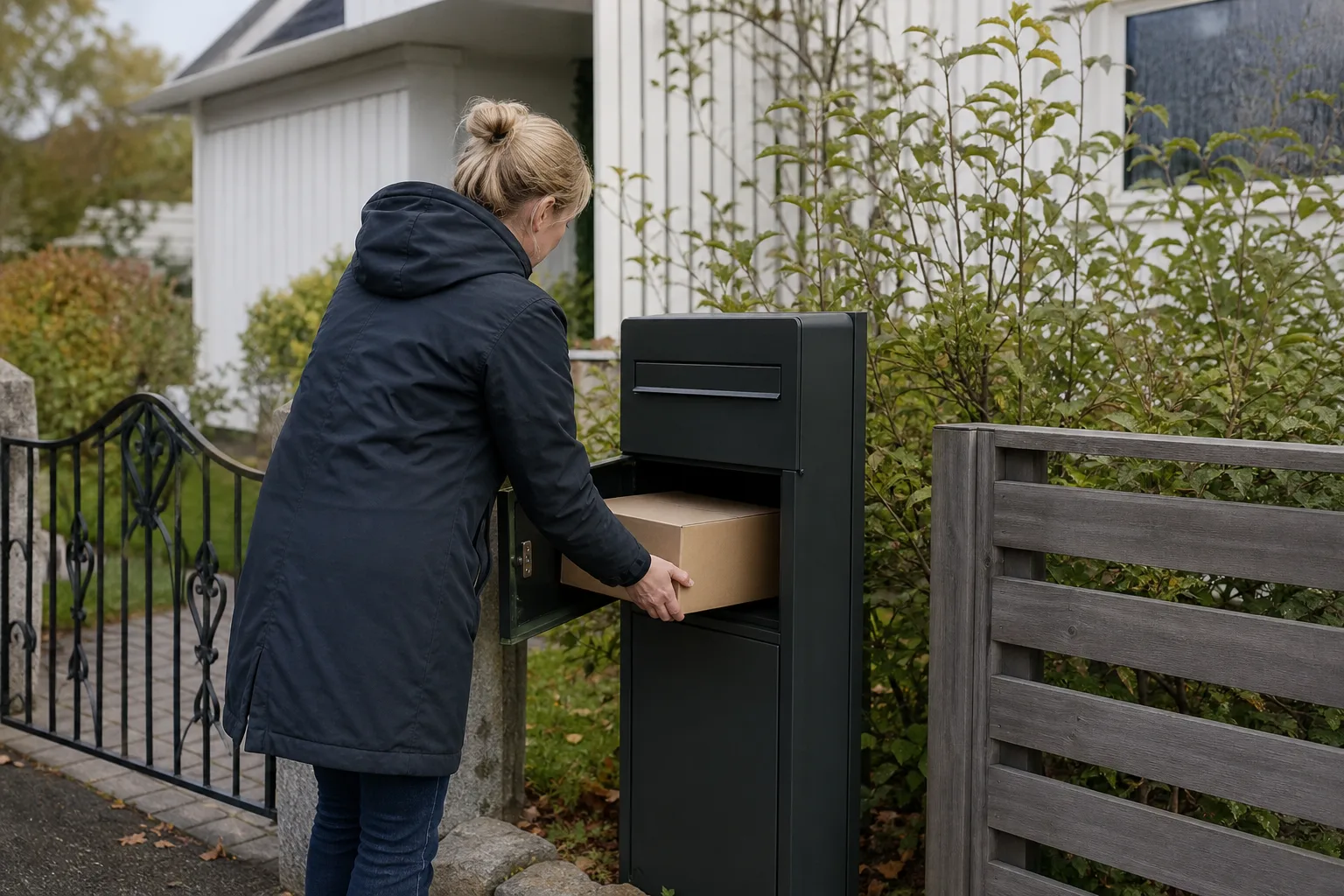En tumstock mäter bredden på en fristående paketpostlåda vid en svensk fasad