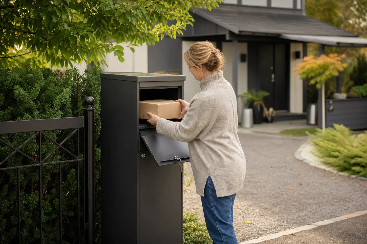 En nygjuten kvadratisk betongplatta på gräsmattan, förberedd för montering av en paketpostlåda