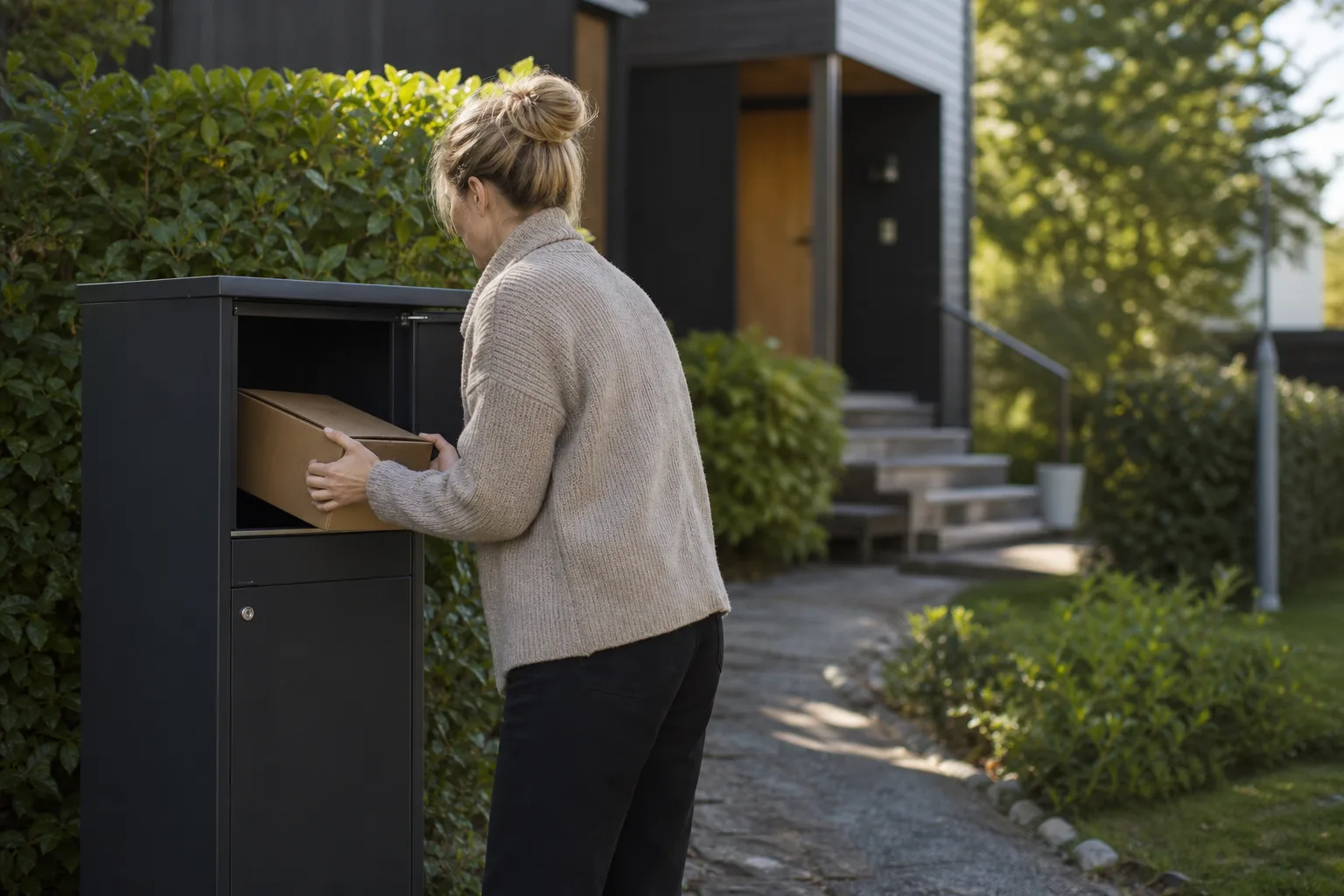 En brevbärare lämnar ett paket i en fristående paketpostlåda vid en svensk villaentré