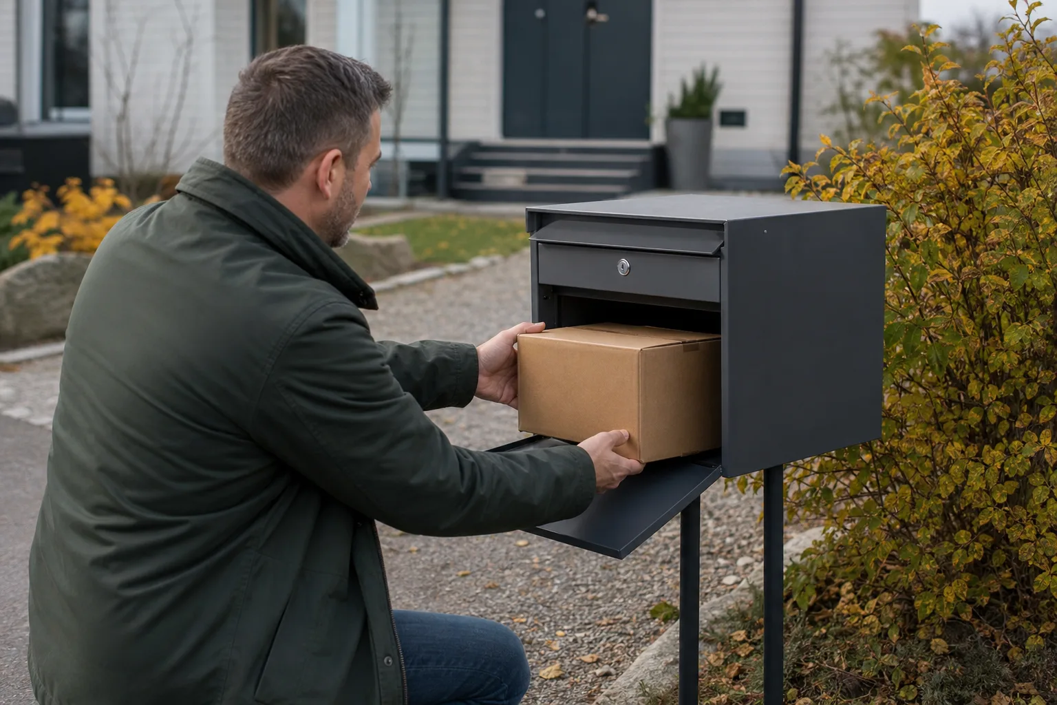 En person monterar en fristående paketlåda på en stolpe vid en grusad uppfart utanför ett svenskt hus