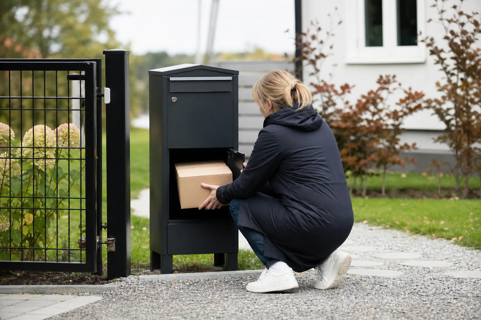 En paketpostlåda som gjuts fast i en betongplatta på gårdsplanen utanför ett svenskt hus