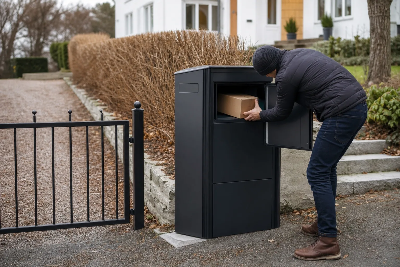 En slagborr används för att borra hål i en tegelfasad inför montering av en väggmonterad paketpostlåda