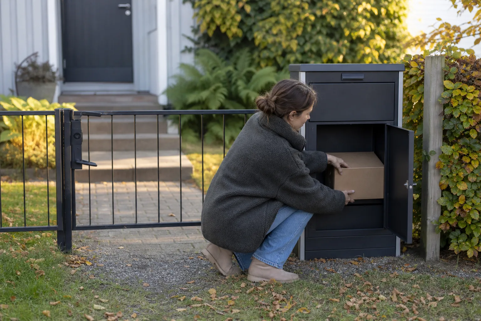 En borrmaskin används för att skruva fast en väggmonterad paketpostlåda i en träpanelfasad
