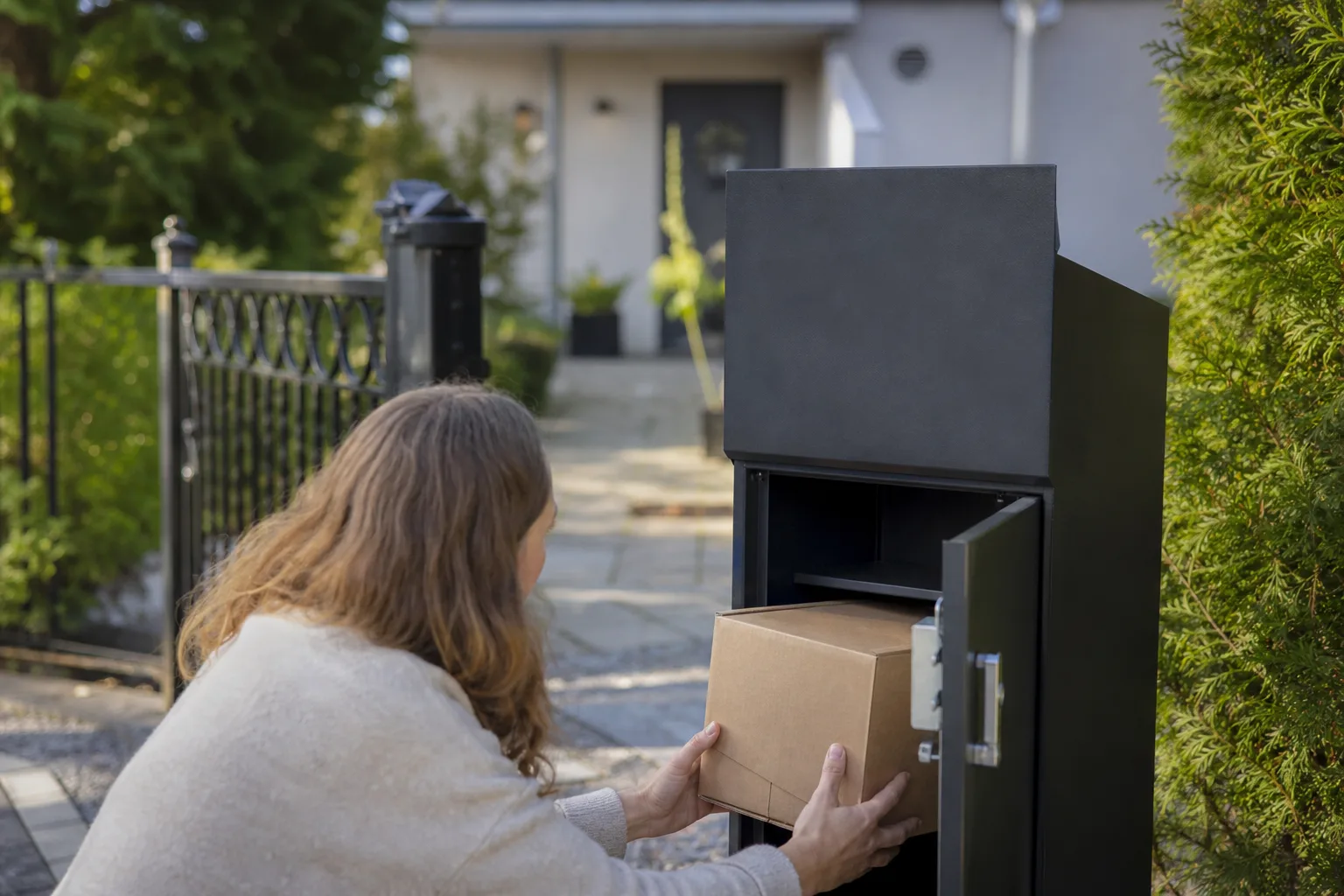 En väggmonterad paketpostlåda intill en ytterdörr på ett svenskt hus