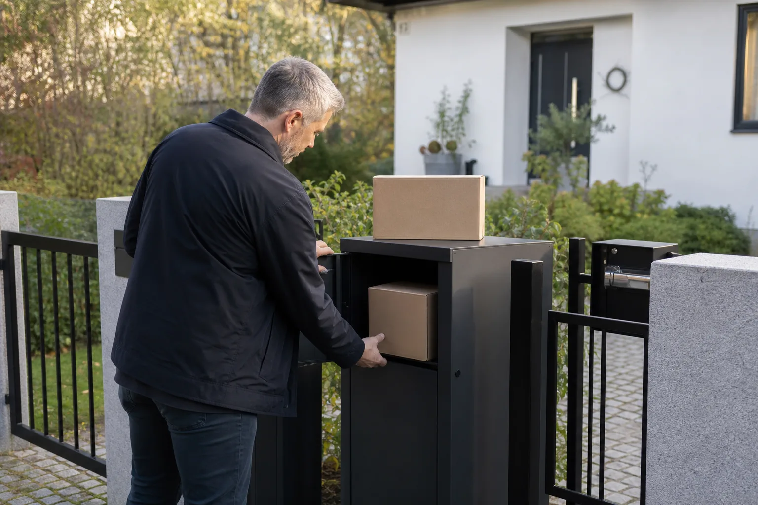 En fristående paketpostlåda på stolpe intill en grusad uppfart vid ett svenskt villahus