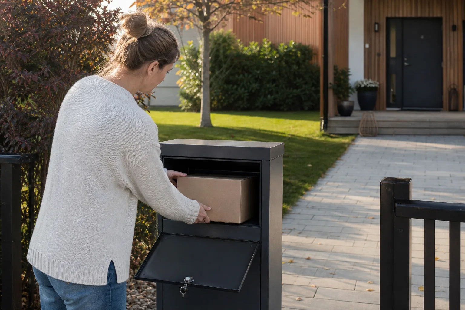 En fristående, låst paketpostlåda som står stadigt förankrad på en grusad uppfart utanför ett svenskt hus