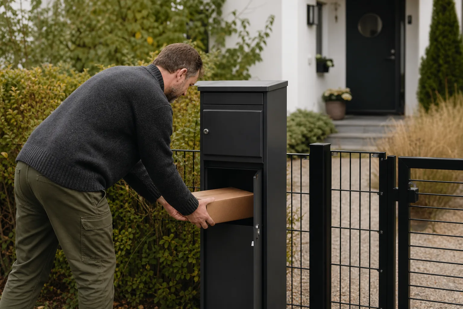 En person skruvar fast en svart paketpostlåda på en tegelfasad nära entrén till ett svenskt hus