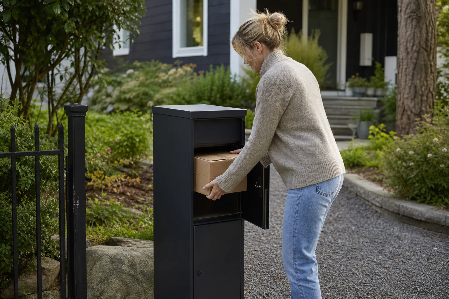 Sex olika paketpostlådor uppställda i rad utanför villor på en gata