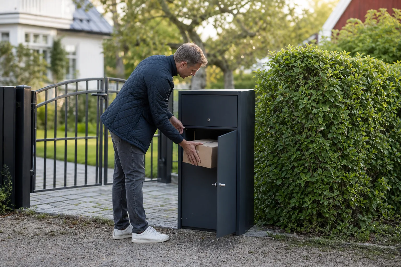 Flera paketpostlådor i olika storlekar uppställda vid en gångväg