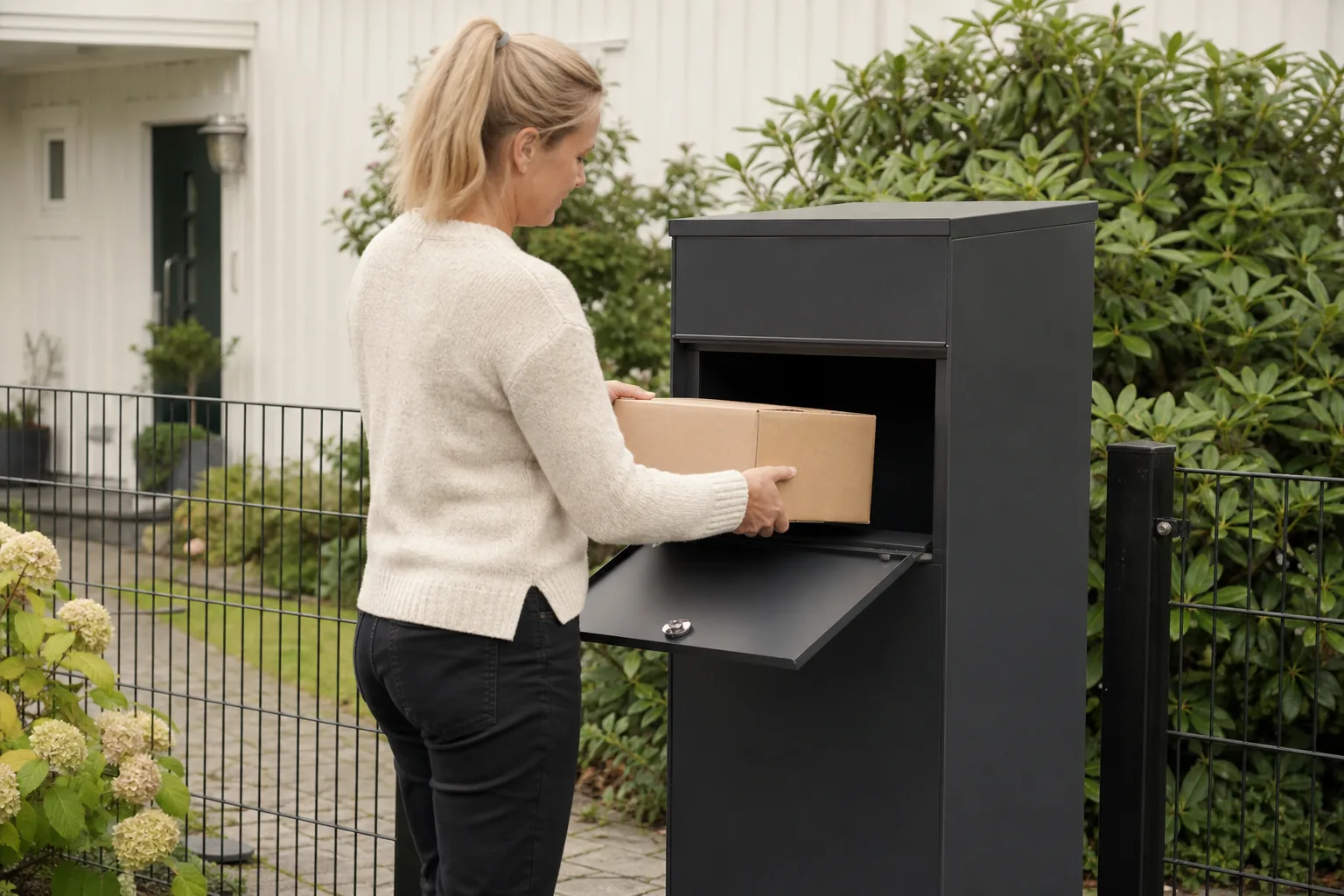 Person läser produktnamn på en låsbar box vid en villaentré