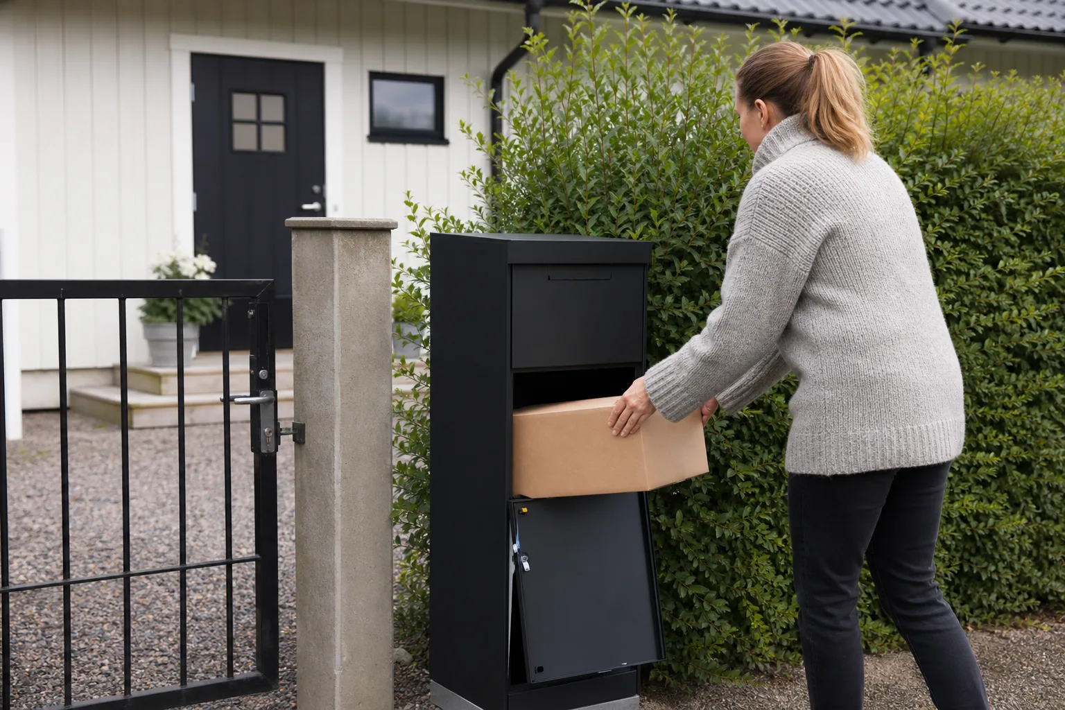 Fristående paketpostlåda på stolpe vid en grusad uppfart utanför ett svenskt hus