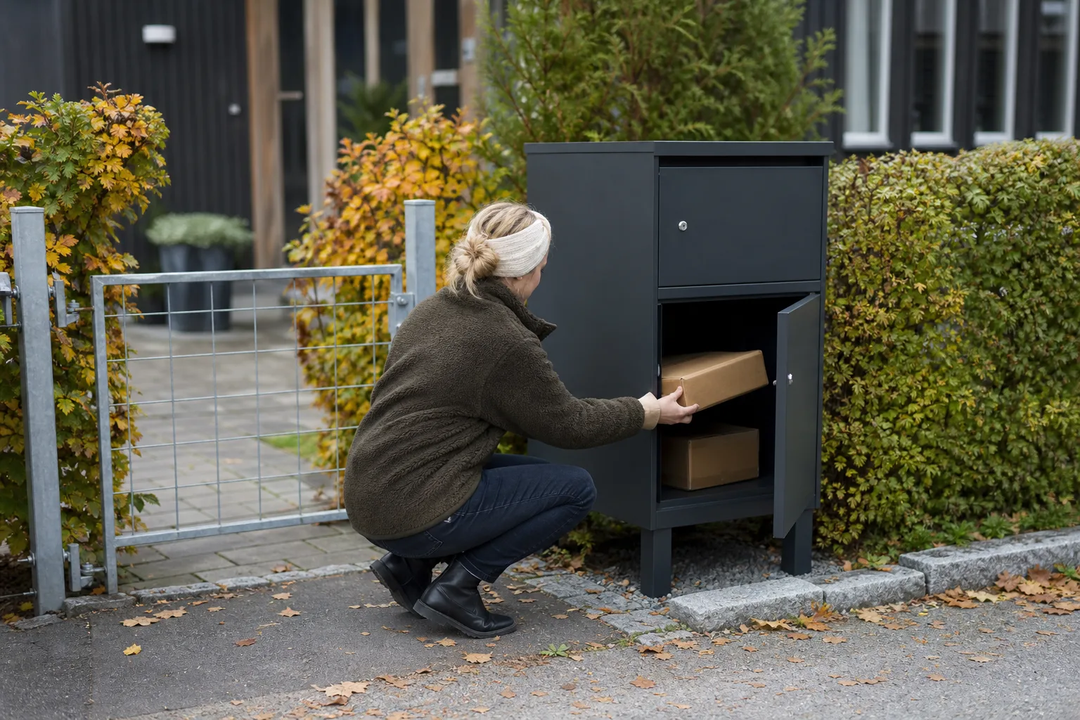 Hand låser upp en paketpostlåda med nyckel utanför ett svenskt hus