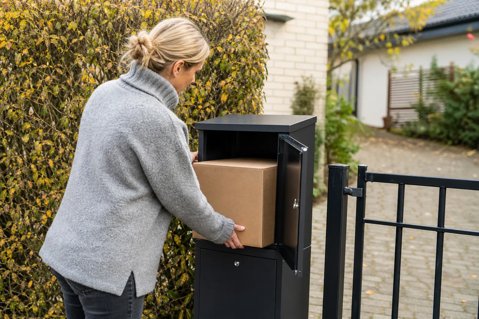Ett stort platt paket hålls upp mot öppningen på en paketpostlåda