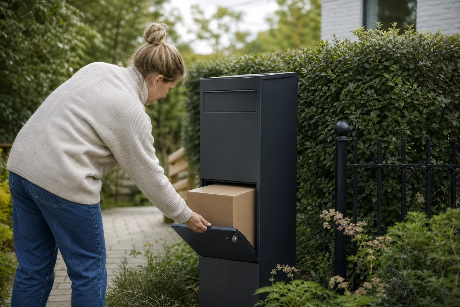 Vardagspost och en pappkartong lämnas i varsitt inkast på en paketpostlåda