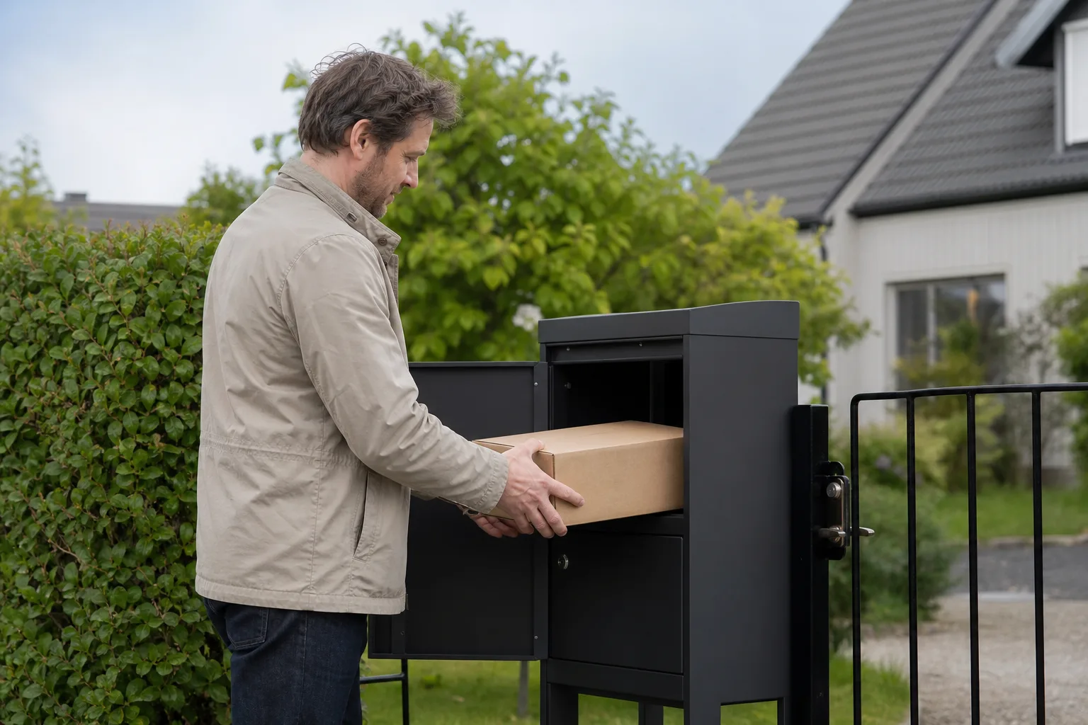 Väggmonterad paketpostlåda fäst vid husfasaden nära en ytterdörr