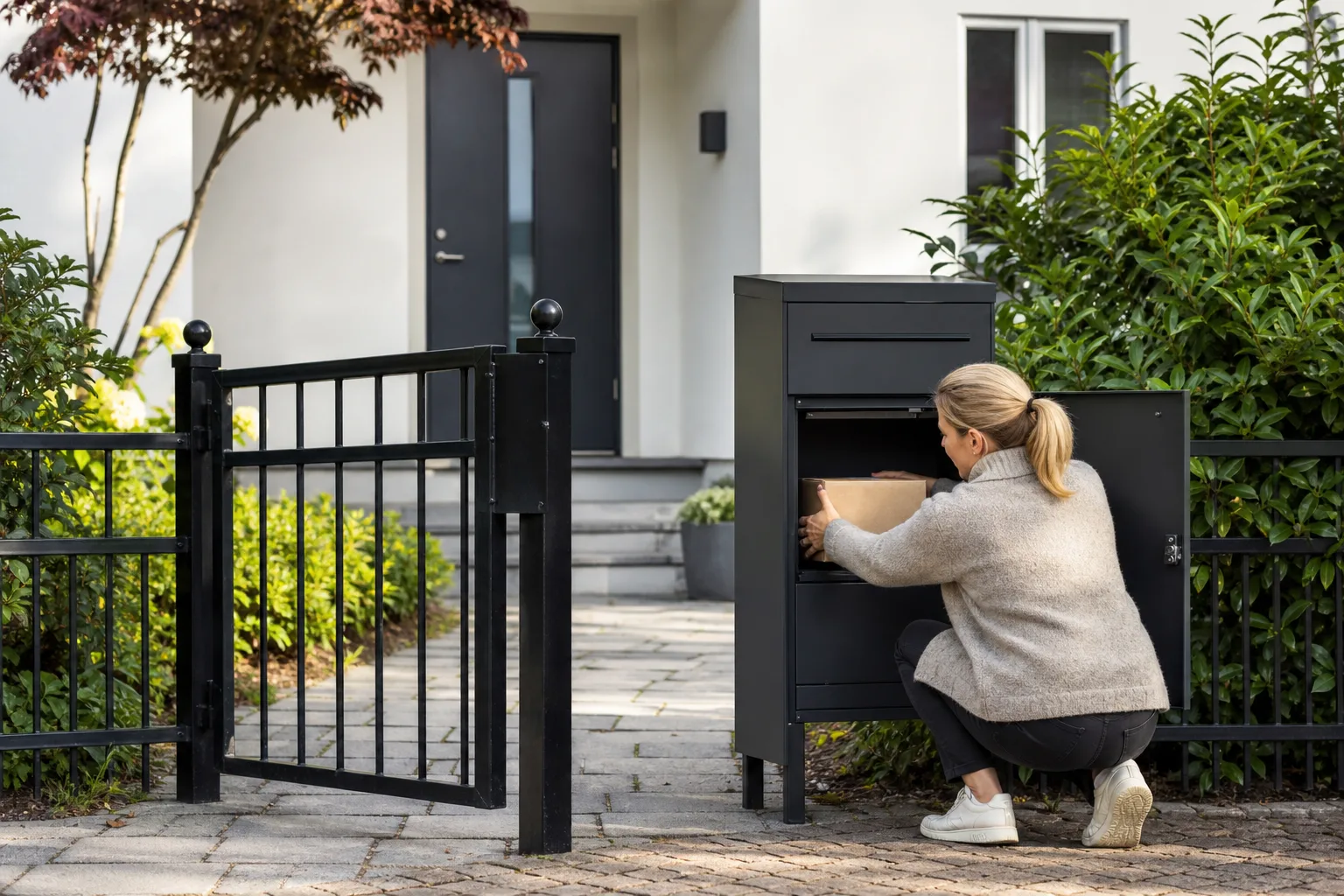 Svart paketpostlåda vid en ljus husfasad i tidig kväll