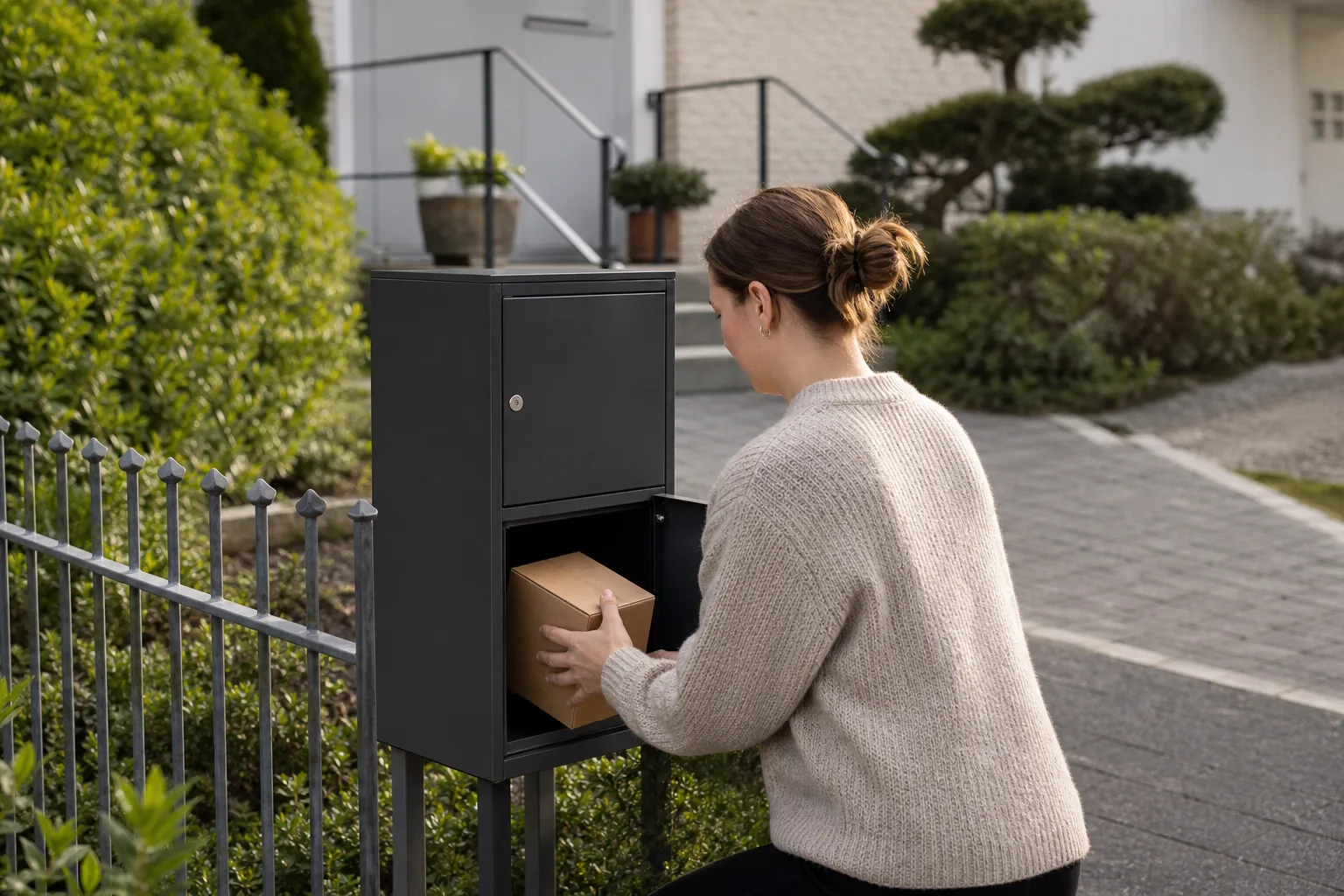Vit paketpostlåda vid en gruspaketering nära ett svenskt bostadshus
