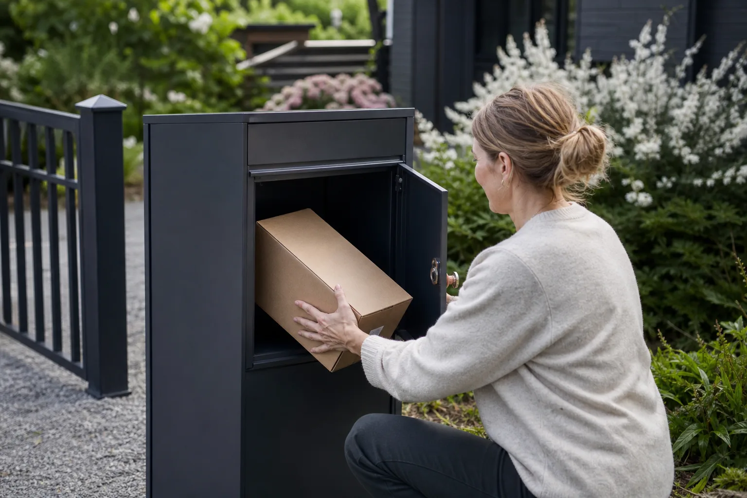 Brevlåda och en låsbar paketbox uppställda bredvid varandra vid en grind