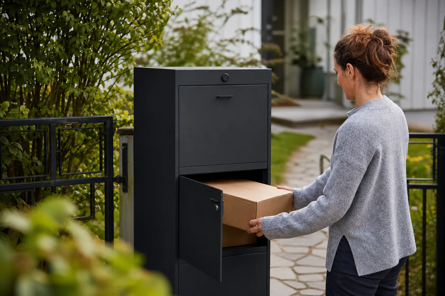 En hand vrider en nyckel i låset på en paketlåda vid en svensk villaentré