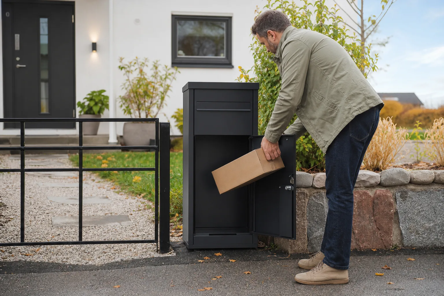En villaägare låser en paketpostlåda med en nyckel i handen framför husets entré